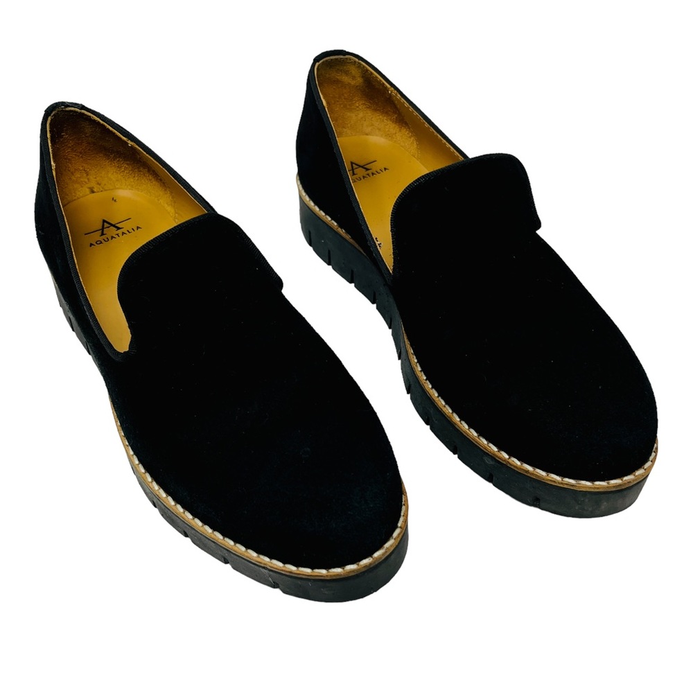 AQUATALIA Black Suede Giselle Loafers Slip On Shoes Size 6.5 Quiet Luxury
